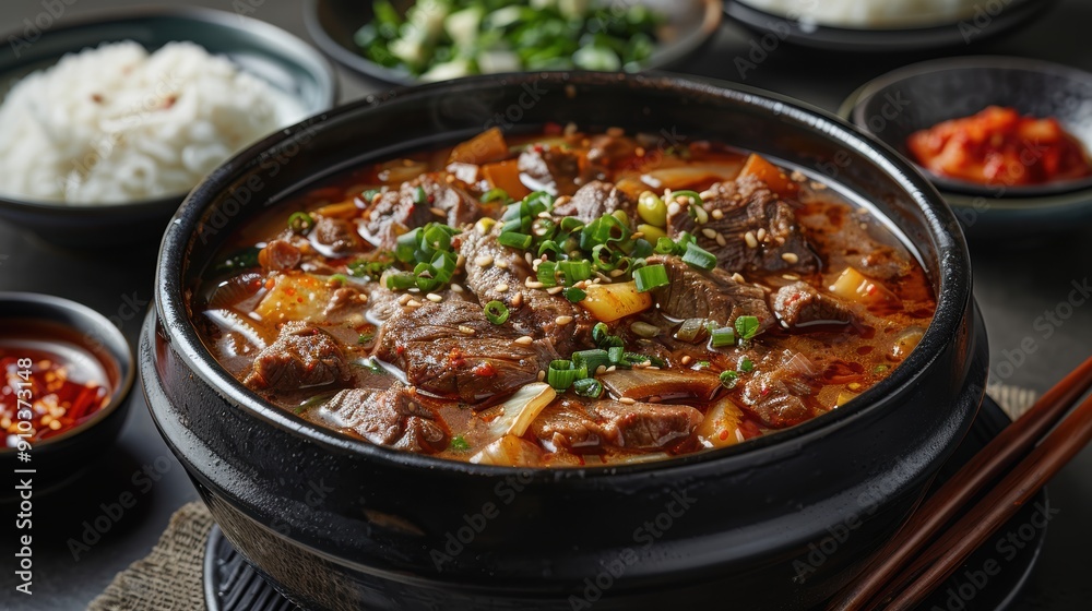 A flavorful bowl of beef stew served in a traditional pot, surrounded by rice and fresh garnishes, embodying the essence of hearty Asian cuisine. A flavorful bowl of beef stew served in a traditional pot, surrounded by rice and fresh garnishes, embodying the essence of hearty Asian cuisine.