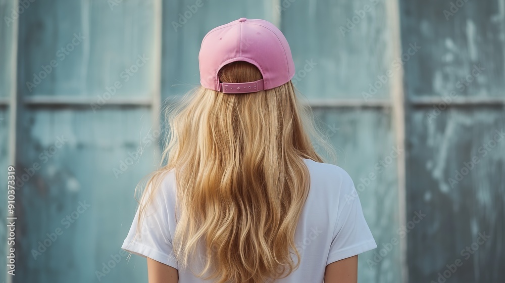 Blonde woman wearing a pink baseball cap and white shirt, viewed from behind, standing against a rustic, textured wall.