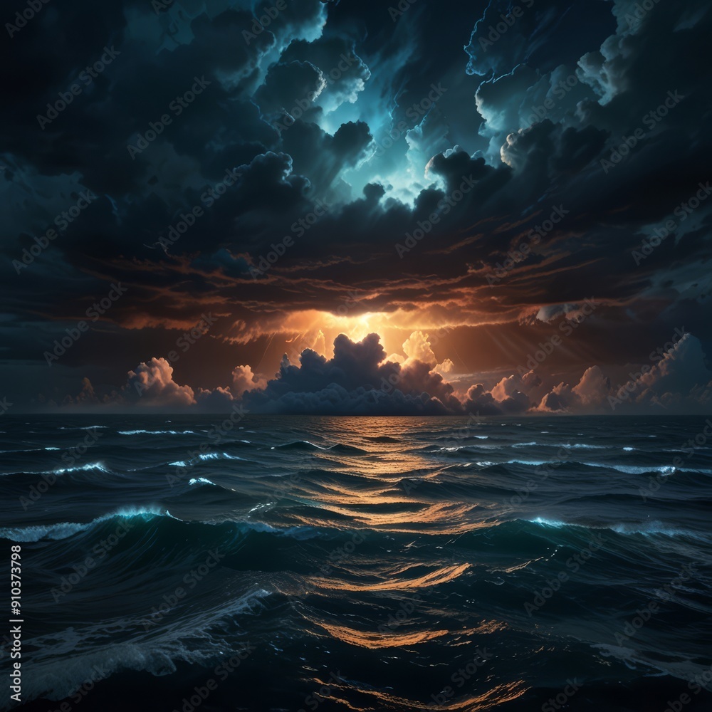 Fototapeta premium A dramatic, cinematic view of the Bermuda Triangle from above, with stormy clouds, turbulent waves, and an ominous glow emanating from the center, creating a sense of mystery and intrigue. 