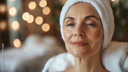 Close-up of a relaxed woman with a towel on her head, enjoying a spa treatment with warm bokeh lights in the background.