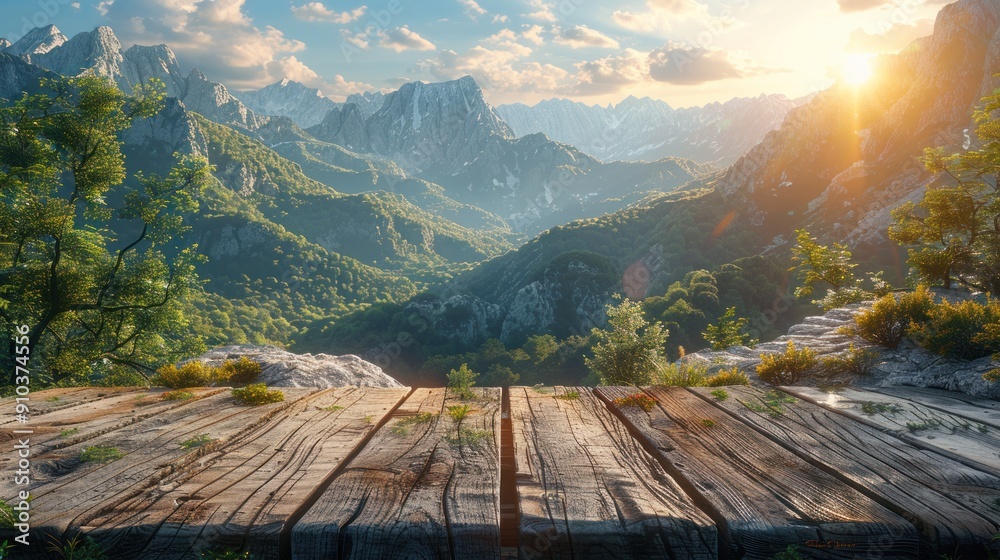 Fototapeta premium Mountain View with Wooden Platform