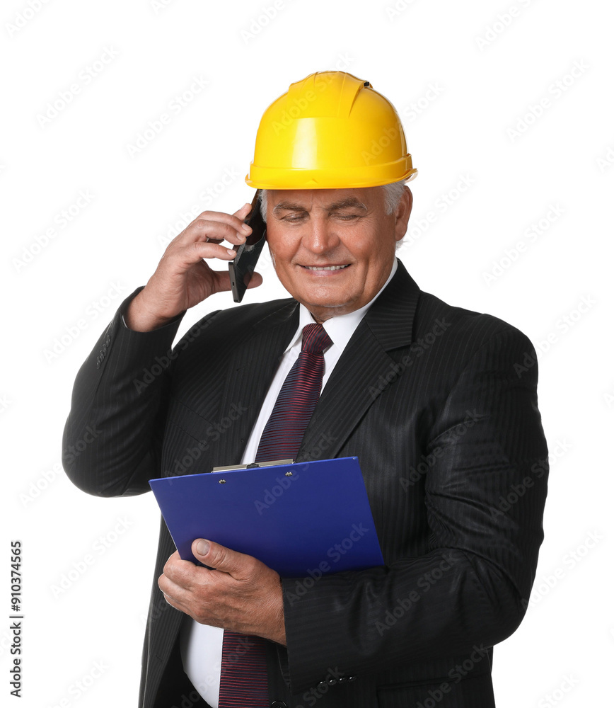 Engineer in hard hat with clipboard talking on smartphone against white background Engineer in hard hat with clipboard talking on smartphone against white background