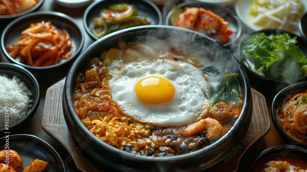 A vibrant bowl of steaming bibimbap, topped with a sunny-side-up egg, surrounded by an array of colorful side dishes. Perfect for food enthusiasts and culinary promotions. A vibrant bowl of steaming bibimbap, topped with a sunny-side-up egg, surrounded by an array of colorful side dishes. Perfect for food enthusiasts and culinary promotions.