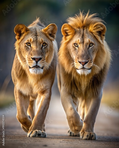 Two stunning lions stride side by side along a dirt pathway in their natural environment. Generative AI