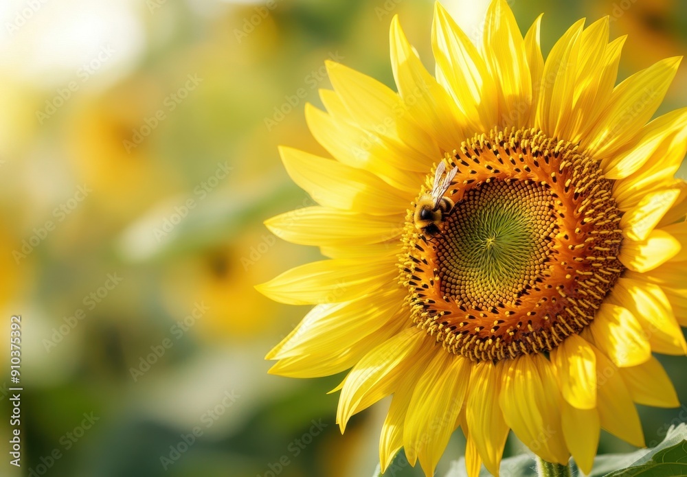 sunflower with a bee on the petal, blurred background, macro photography, summer landscape sunflower with a bee on the petal, blurred background, macro photography, summer landscape