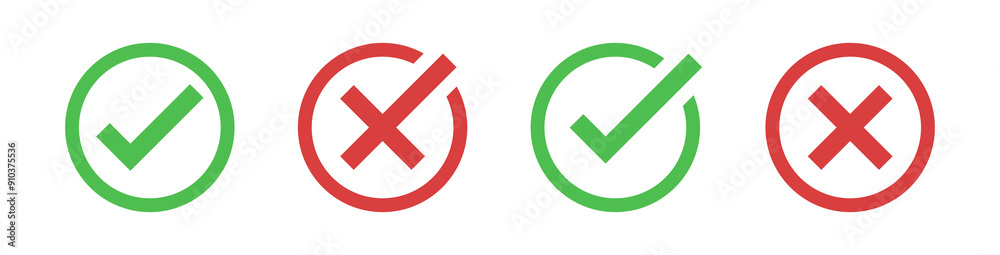 check mark icon button set. check box icon with right and wrong buttons and yes or no checkmark icons in green tick box and red cross. vector illustration check mark icon button set. check box icon with right and wrong buttons and yes or no checkmark icons in green tick box and red cross. vector illustration