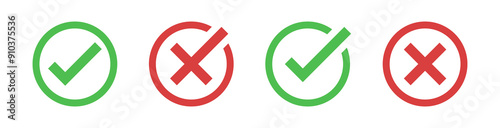 check mark icon button set. check box icon with right and wrong buttons and yes or no checkmark icons in green tick box and red cross. vector illustration
