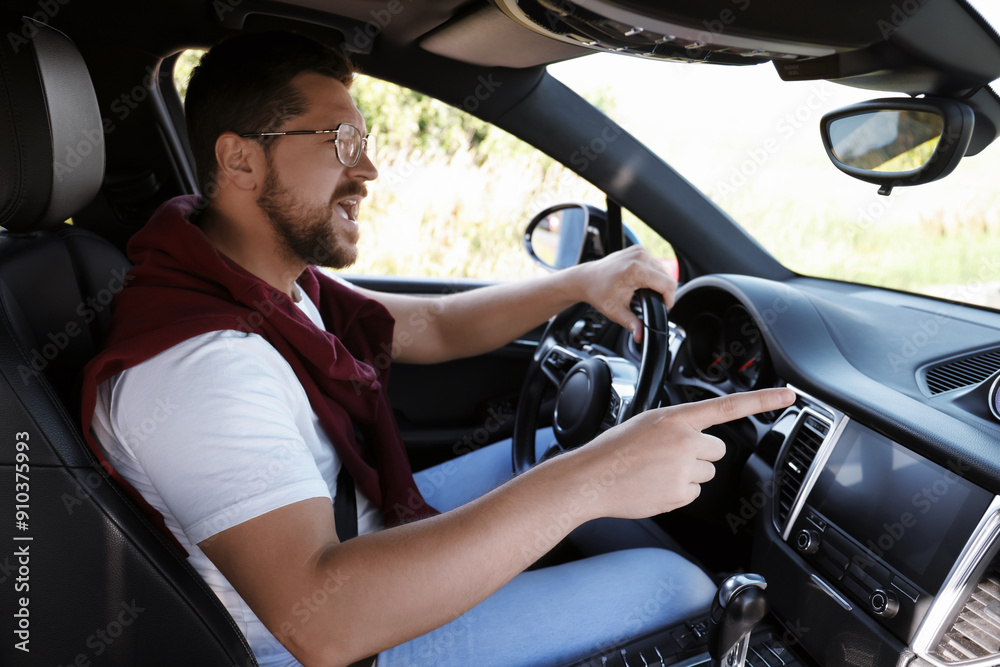Man singing in car, view from inside Man singing in car, view from inside