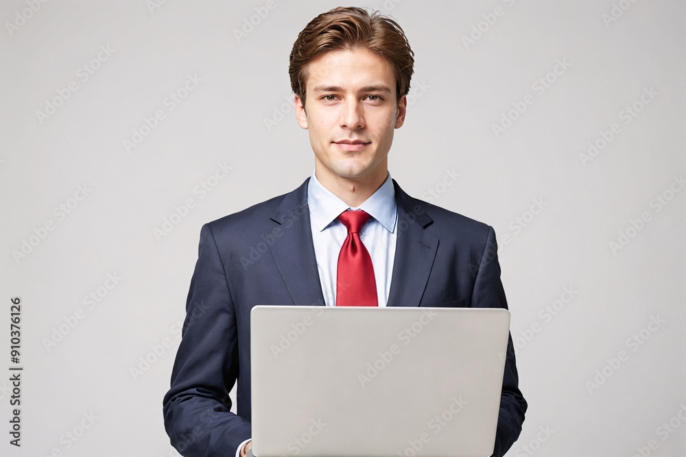A business executive in formal wear holding a laptop on a white background A business executive in formal wear holding a laptop on a white background