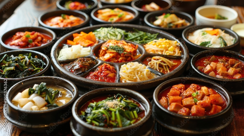 A vibrant spread of Korean side dishes (banchan) in traditional bowls, showcasing a variety of colors and textures, perfect for culinary and cultural themes. A vibrant spread of Korean side dishes (banchan) in traditional bowls, showcasing a variety of colors and textures, perfect for culinary and cultural themes.