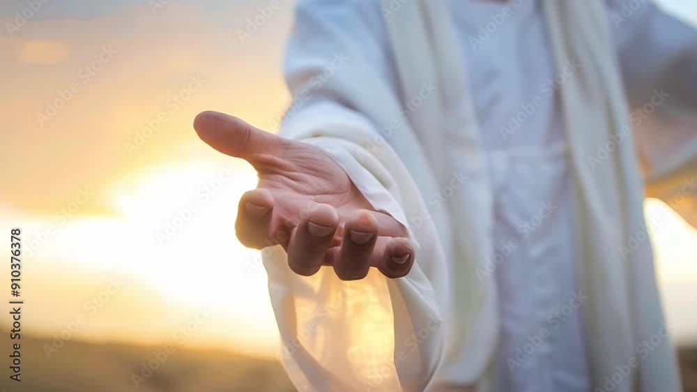 Jesus Christ Reaching Out with an Open Hand in a White Robe Against a Glowing Sunset Sky - Helping Concept