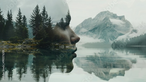 Double exposure combines a woman's face, mountains, forest and a body of water. Panoramic view. The concept of the unity of nature and man. Dream, reminisce or plan a climb. A memory of a journey. photo