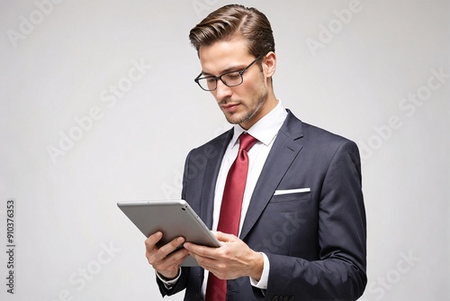 A business executive in formal attire working on a tablet on a white background