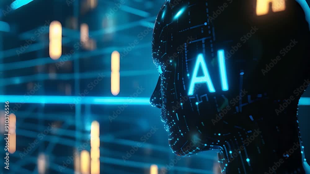 Futuristic AI Concept with Blue Glowing Letters on Digital Human Head ...