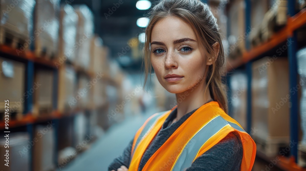 empowered female warehouse worker confident pose highvisibility vest industrial setting embodiment of women in traditionally maledominated fields empowered female warehouse worker confident pose highvisibility vest industrial setting embodiment of women in traditionally maledominated fields