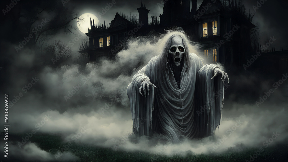 Ghostly Figure Emerging from Fog in Front of Haunted House and Full Moon Ghostly Figure Emerging from Fog in Front of Haunted House and Full Moon