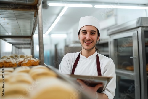 Happy foreperson supervising the operation of an industrial bakery Portrait of a happy foreperson supervising the operation of an industrial bakery and looking at the camera smiling photo