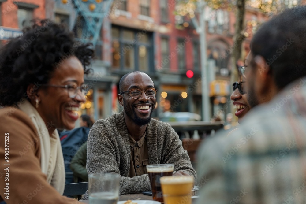 Friends Enjoying Drinks Outdoors In A City Cafe