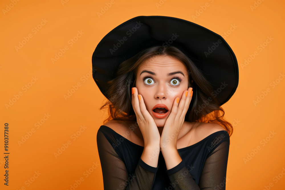 A young scared woman dressed in black, wearing a witch's hat and looking surprised against an orange background., copy space A young scared woman dressed in black, wearing a witch's hat and looking surprised against an orange background., copy space