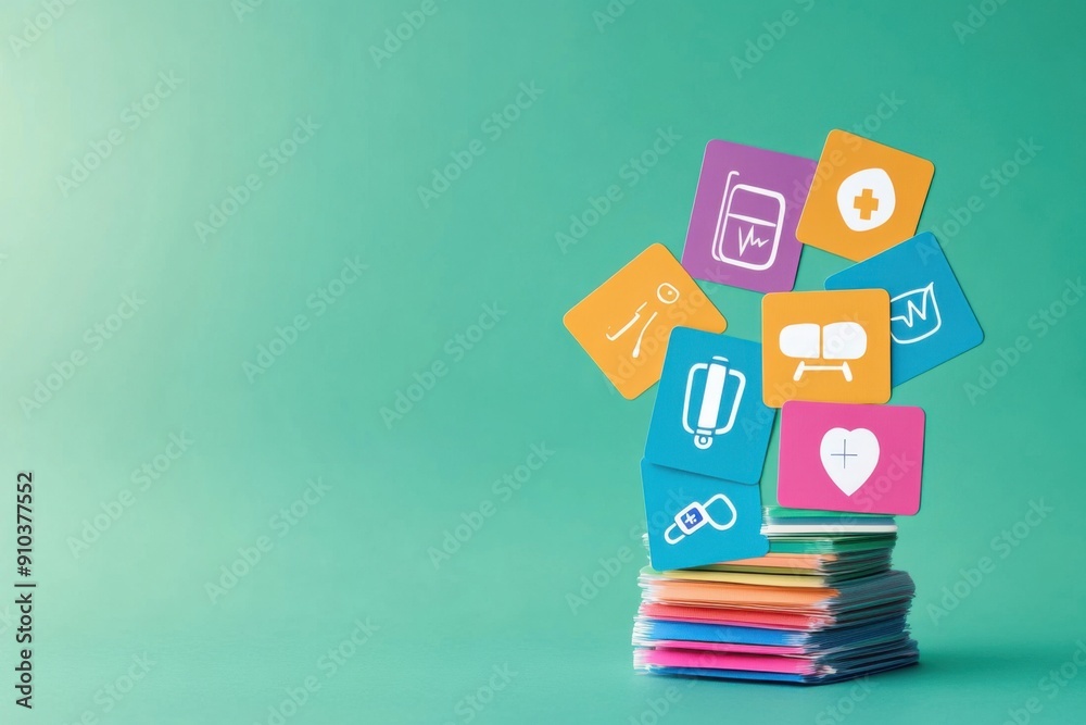 A stack of medical cards with various health-related icons, representing different healthcare services A stack of medical cards with various health-related icons, representing different healthcare services
