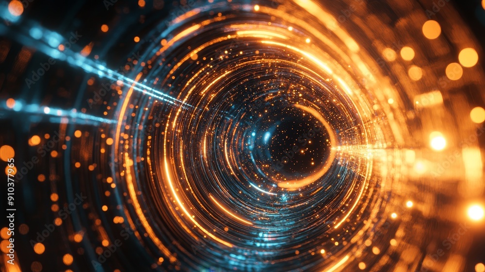 Abstract Circular Tunnel of Light and Energy - An abstract image of a swirling tunnel of light with orange and blue accents, symbolizing a journey, a new beginning, digital technology, energy flow, an Abstract Circular Tunnel of Light and Energy - An abstract image of a swirling tunnel of light with orange and blue accents, symbolizing a journey, a new beginning, digital technology, energy flow, an