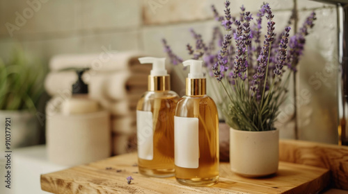 A bathroom with a lavender towel and a bottle of lavender lotion