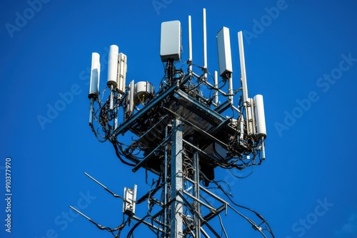 An internet antenna tower, highlighting the intricate network of cables and antennas
