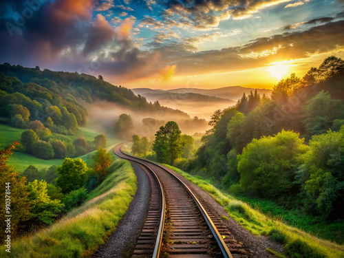 Serene sunset landscape of a winding railway track surrounded by lush green trees and hills, with a misty atmosphere in the distance. photo