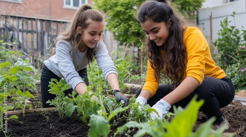 Two teenage girls working together in an urban backyard garden, planting and taking care of various green plants. photo