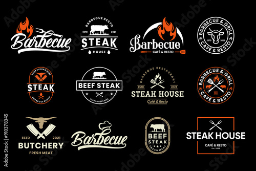 Set of barbecue emblem logo design with vintage style