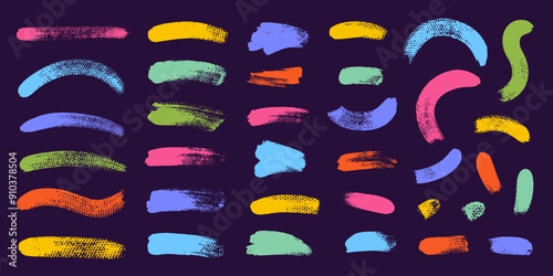 Curly abstract shapes in doodle grunge style. Colorful wavy bold lines with dirty rough texture. Vector geometric, chaotic design elements. Brush strokes, lines.