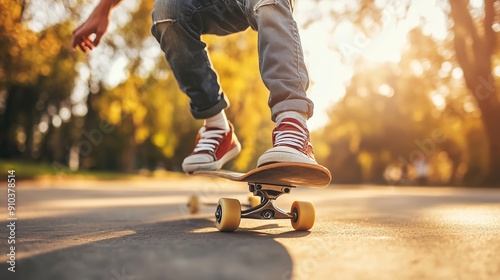 A close-up of a skateboarder in mid-trick, with autumn foliage and golden sunlight in the background.