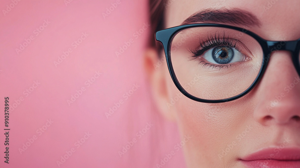 Woman’s eyes in glasses looking stright ahead, isolated on pink background Woman’s eyes in glasses looking stright ahead, isolated on pink background