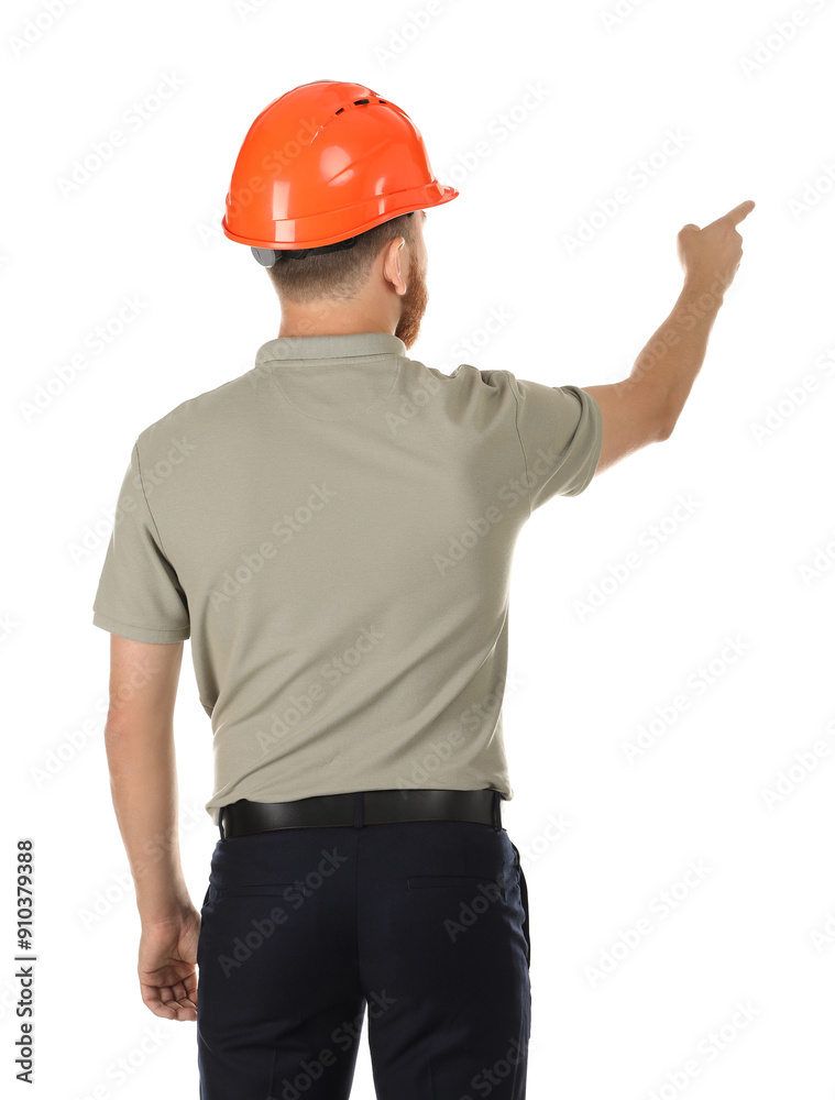 Engineer in hard hat pointing at something on white background, back view Engineer in hard hat pointing at something on white background, back view