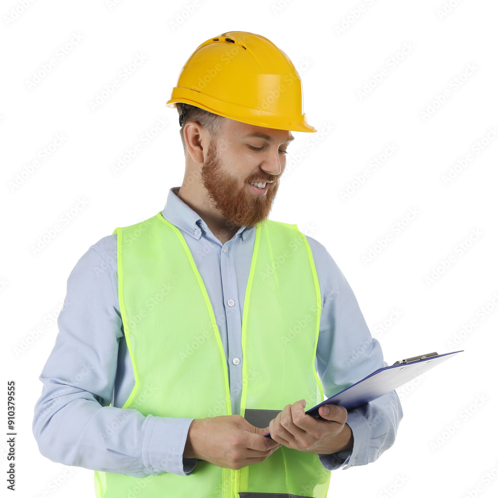 Fototapeta premium Engineer in hard hat with clipboard on white background