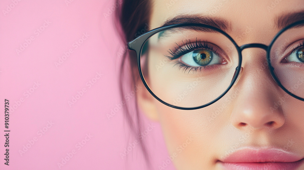 Woman’s eyes in glasses looking stright ahead, isolated on pink background Woman’s eyes in glasses looking stright ahead, isolated on pink background