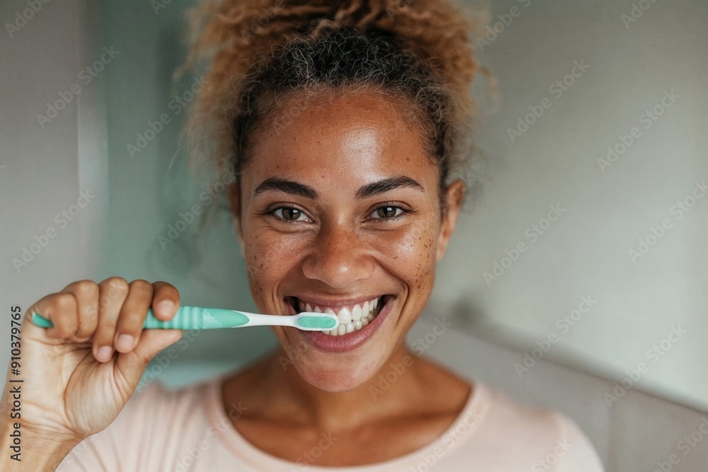 Smiling Woman Brushing Teeth in Bathroom for Dental Hygiene Smiling Woman Brushing Teeth in Bathroom for Dental Hygiene