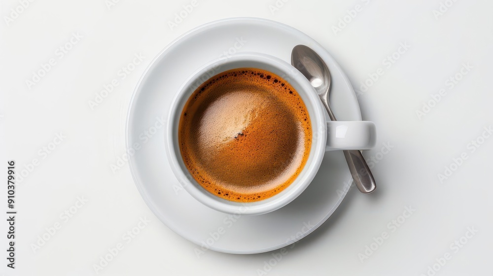 Freshly brewed espresso, white background, morning beverage Freshly brewed espresso, white background, morning beverage