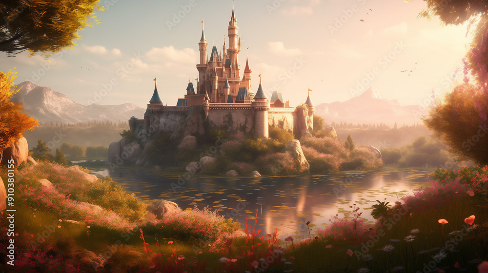 Naklejka premium a fairy tale castle perched on a hill, surrounded by pastel-colored gardens and a shimmering lake