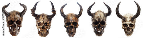 Pack of Scary demon skull with horns set isolated on transparent