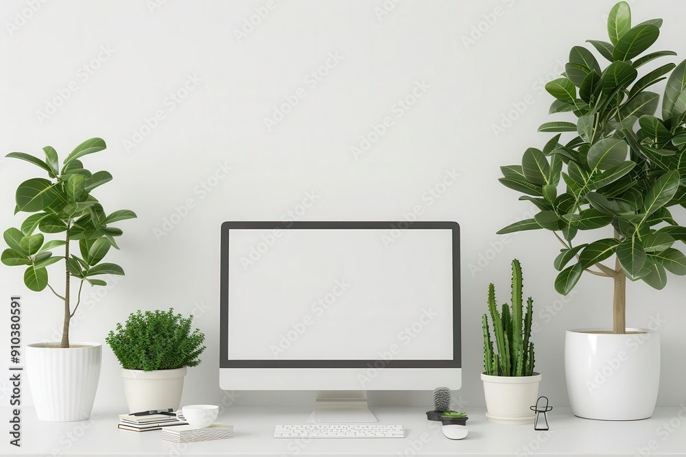 Modern desktop with ergonomic design, white background, office technology Modern desktop with ergonomic design, white background, office technology