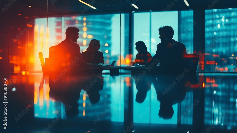 Business Meeting Silhouette in Modern Office - A group of four business professionals are in a meeting, their silhouettes are highlighted against the backdrop of a modern office, symbolizing teamwork, Business Meeting Silhouette in Modern Office - A group of four business professionals are in a meeting, their silhouettes are highlighted against the backdrop of a modern office, symbolizing teamwork,