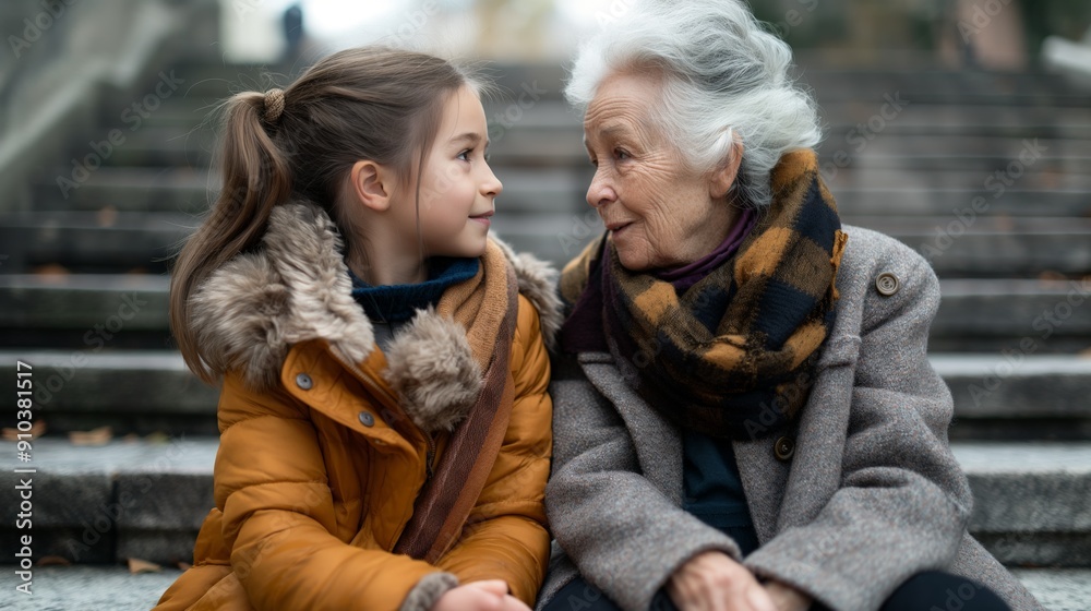 Grandmother talking with her granddaughter sitting on steps Grandmother talking with her granddaughter sitting on steps