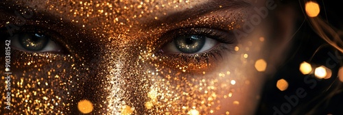 Closeup of a woman's eye with gold glitter - This image showcases the beauty of the human eye, adorned with sparkling gold glitter. The concept of glamour, luxury, and celebration is captured through 