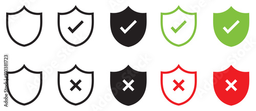 Shield check mark icon or security shield protection icon with tick symbol. Isolated element.