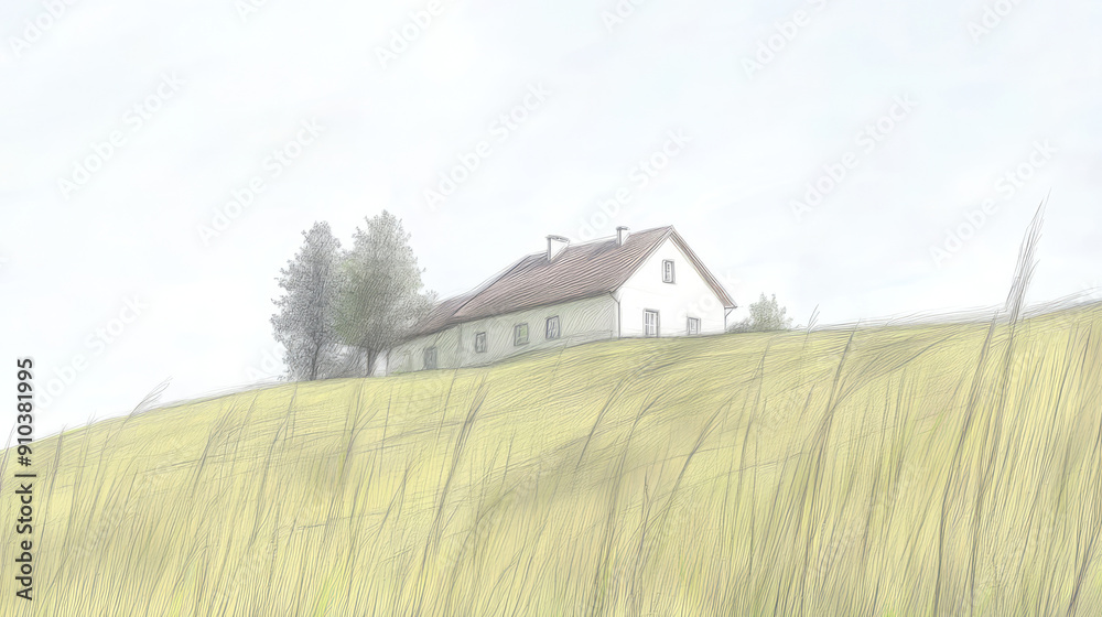 Fototapeta premium A dreamy sketch of an idyllic house on a gentle hill, accompanied by two trees, creating a serene and tranquil countryside scene in a pencil-drawn artistic style.