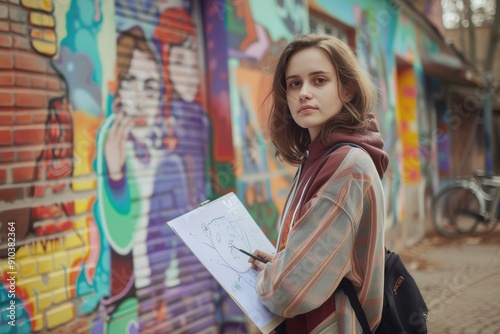 Cute female street artist One woman, portrait of a young female street artist standing by a building wall drawing outdoors