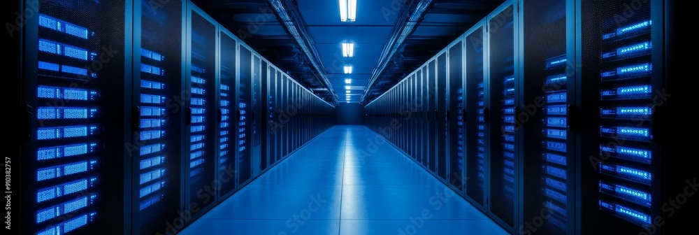 Data Center Server Room with Blue Lights - A long corridor of data servers with glowing blue lights, symbolizing technology, connectivity, data storage, security, and innovation. Data Center Server Room with Blue Lights - A long corridor of data servers with glowing blue lights, symbolizing technology, connectivity, data storage, security, and innovation.