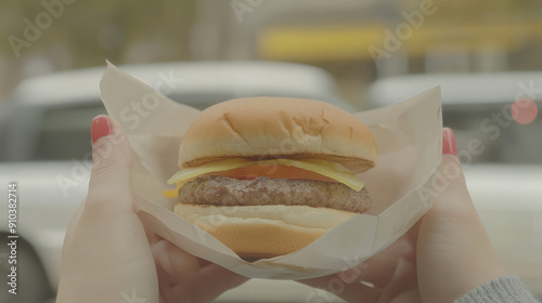 A bright image showing hands holding a freshly made cheeseburger wrapped in paper, capturing the essence of a satisfying and fulfilling fast food experience. photo