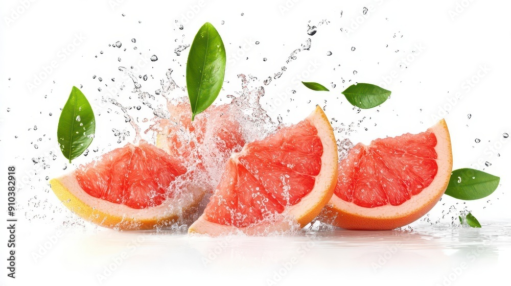 Fresh delicious Grapefruit cut into pieces splashing with leaves Fresh delicious Grapefruit cut into pieces splashing with leaves